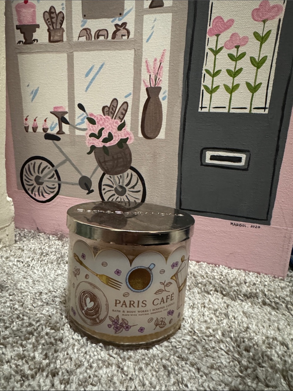 Bath & Body Works Paris Café Candle — White, Gold, Pink Accents
